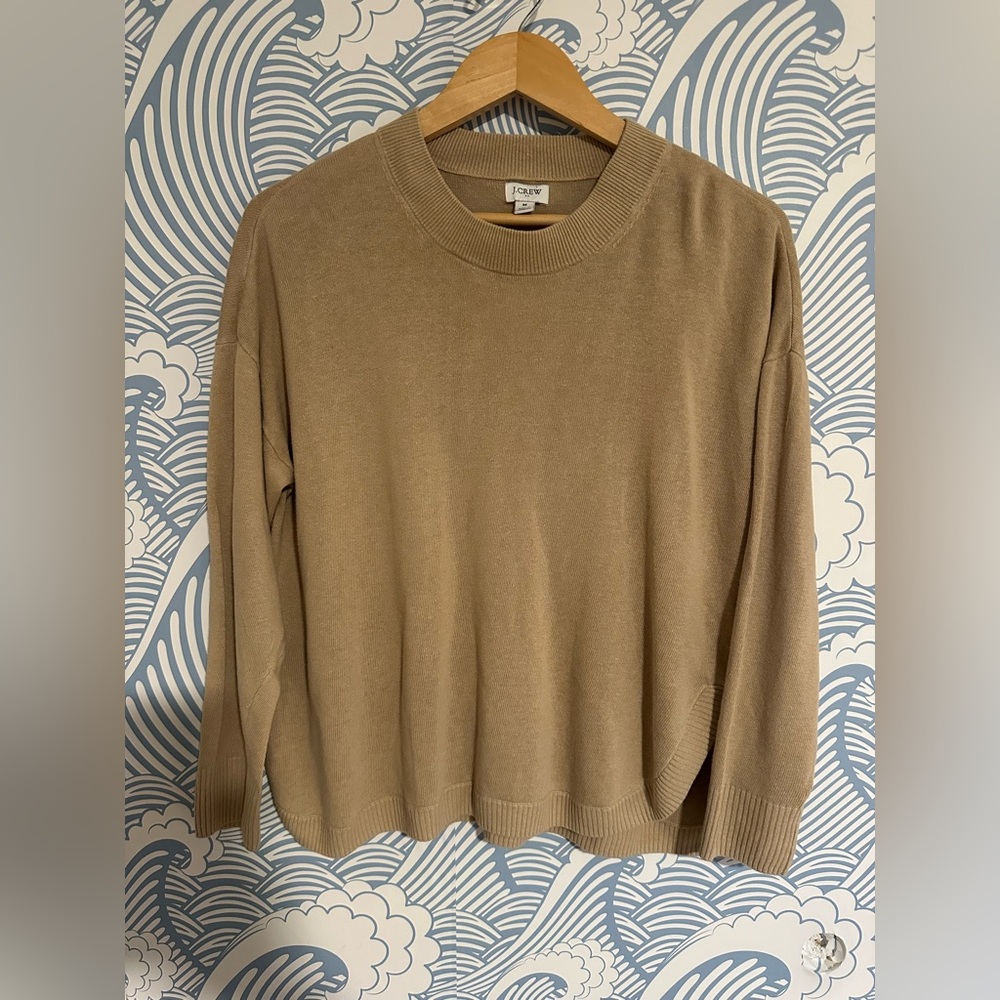 J. Crew Tan Crewneck Boxy Linen Blend Sweater with Ribbed Details